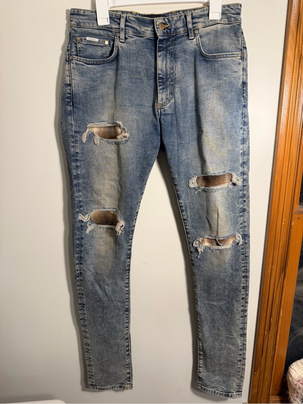 Represent Men's Size 34 Underwork Tartan Distressed Jeans Blue Cream Flannel
